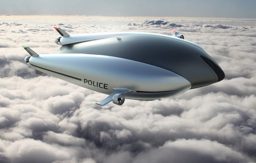 Unmanned airship fitted with a surveillance camera can spy on people from above